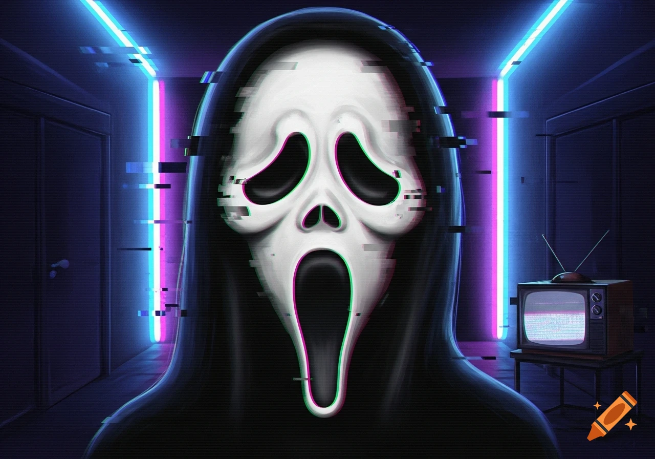 A glitchy Ghostface mask with red and blue distortion stands in a dark room with neon lights and a static TV.