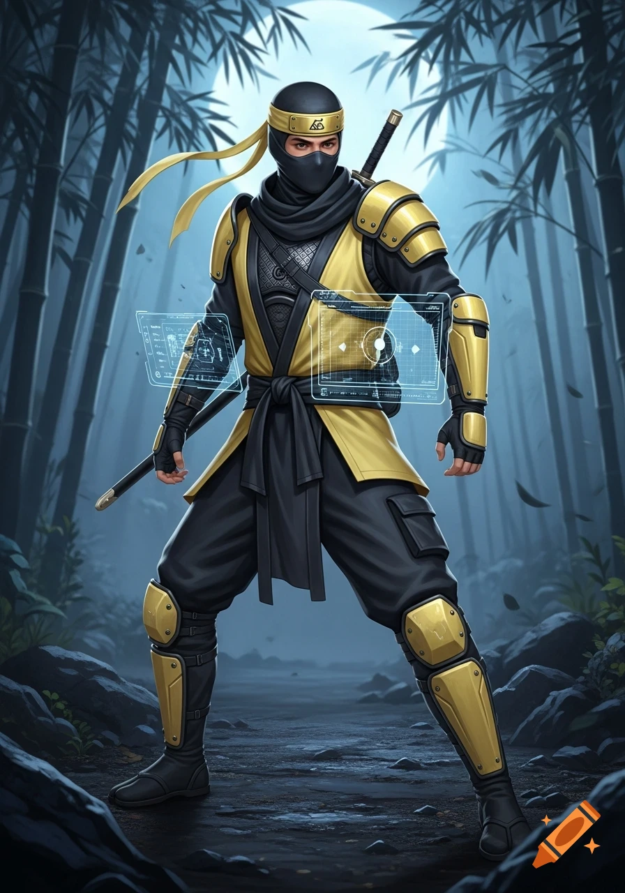 A ninja in a black and gold suit with holographic displays, standing in a moonlit bamboo forest.