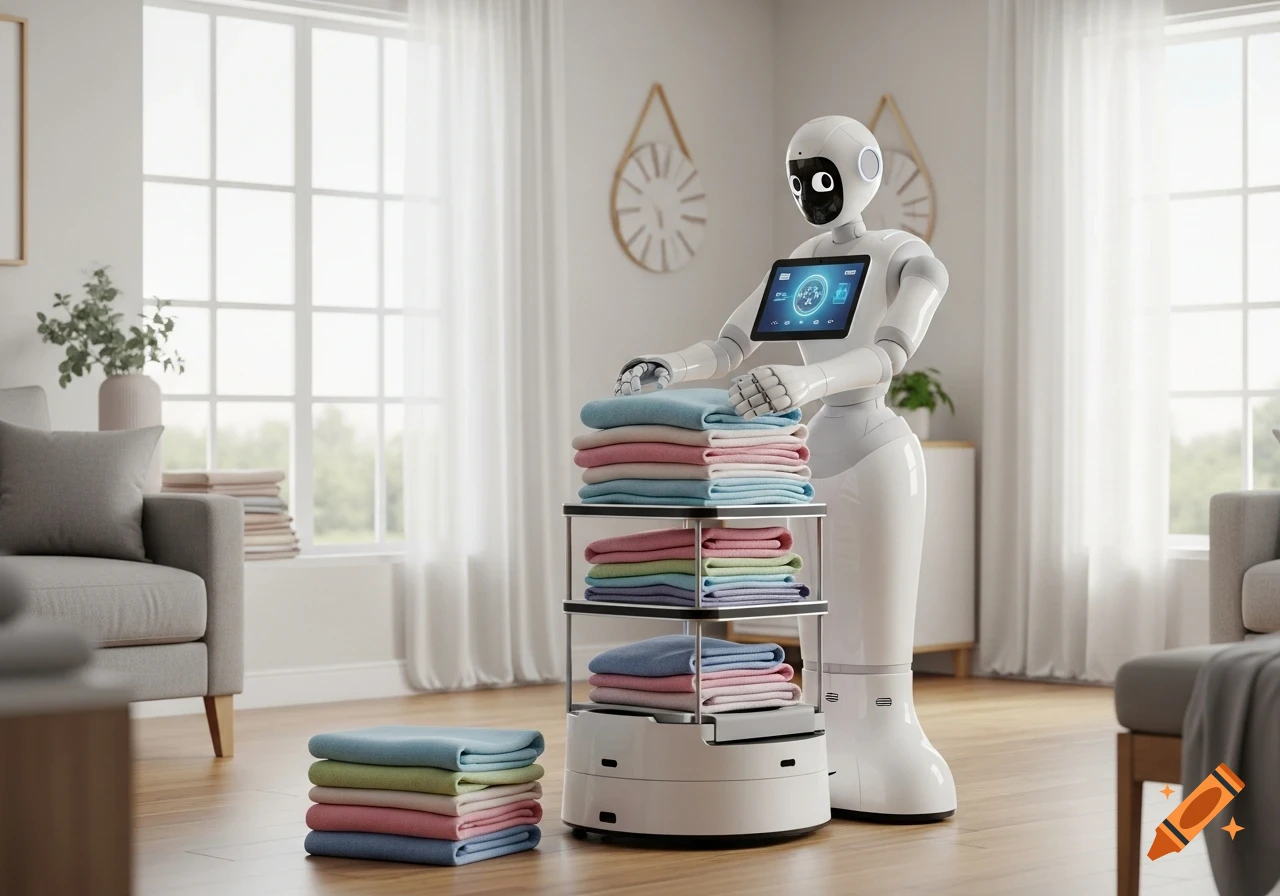 A white robot with a screen for a face folds pastel-colored laundry on a tiered cart in a bright, modern living room.