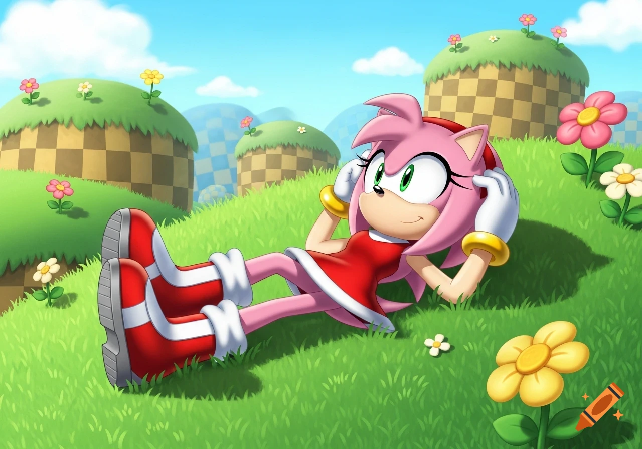 Amy Rose from Sonic the Hedgehog lies relaxed on a green grassy hill with checkerboard hills and colorful flowers under a blue sky.