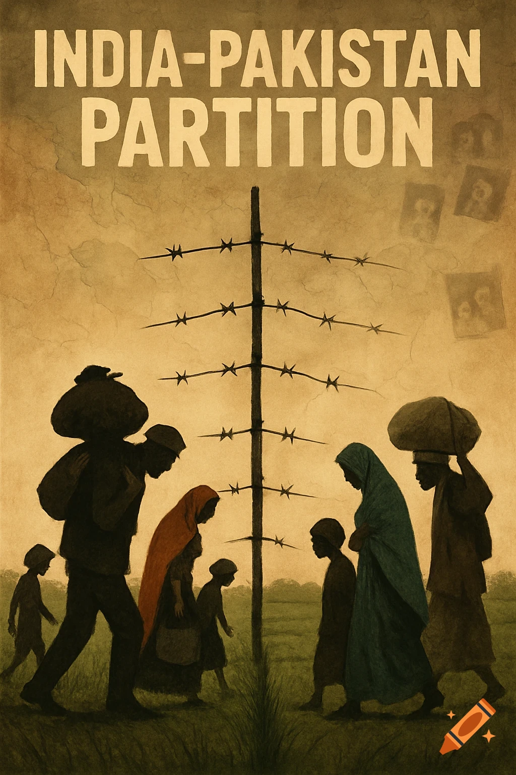 A vintage-style poster depicting silhouettes of families migrating past a barbed wire fence, with 'INDIA-PAKISTAN PARTITION' at the top.