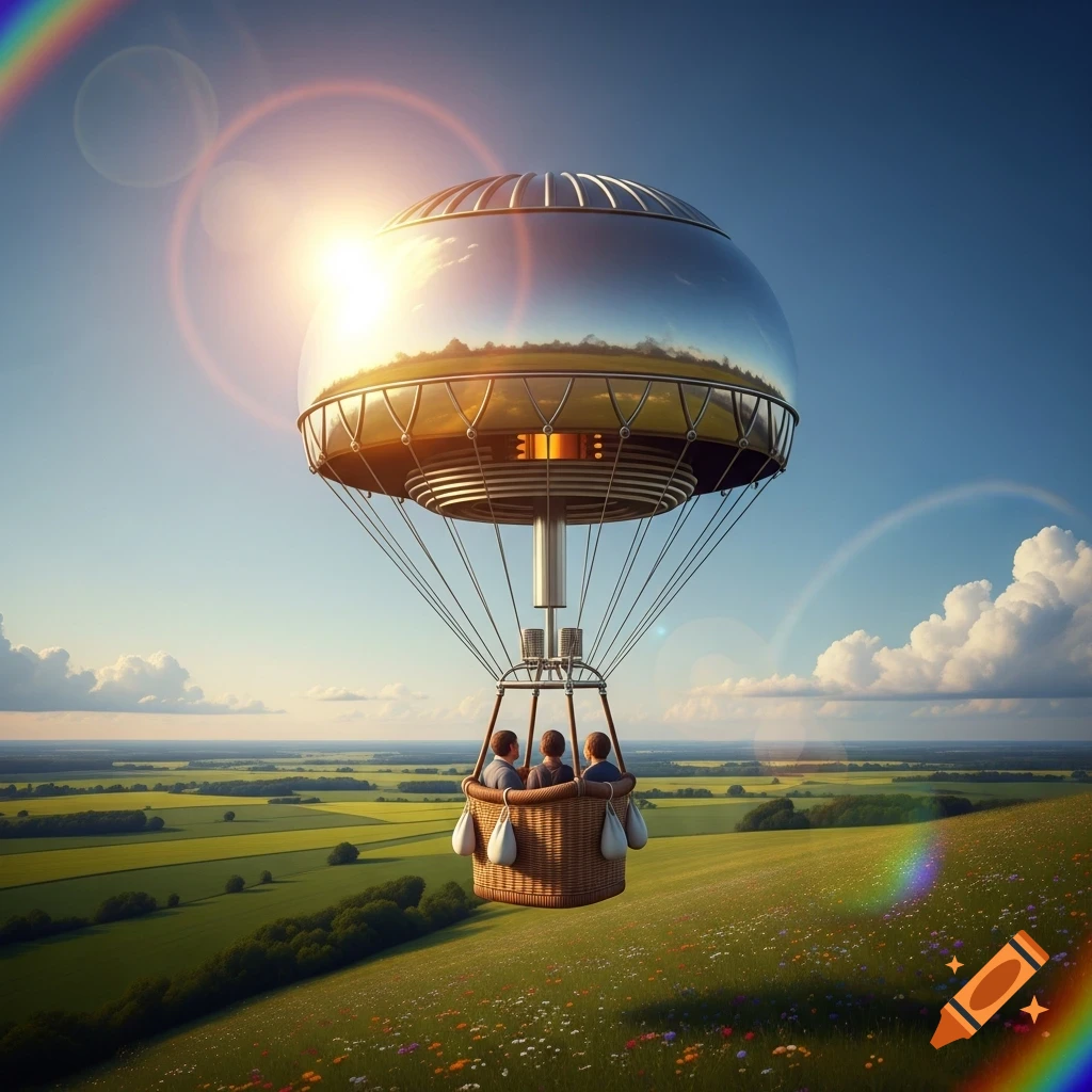 A futuristic hot air balloon with a reflective dome carries three people over a vast green landscape under a bright sunny sky with lens flares.