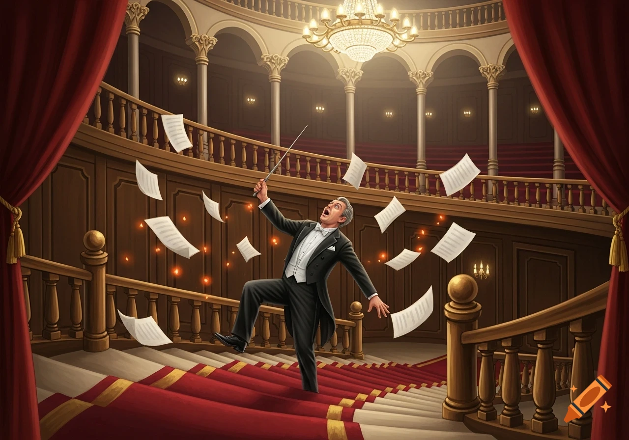 A frantic conductor in a tuxedo falls down a grand red-carpeted staircase in an opera house as sheets of music fly around him.