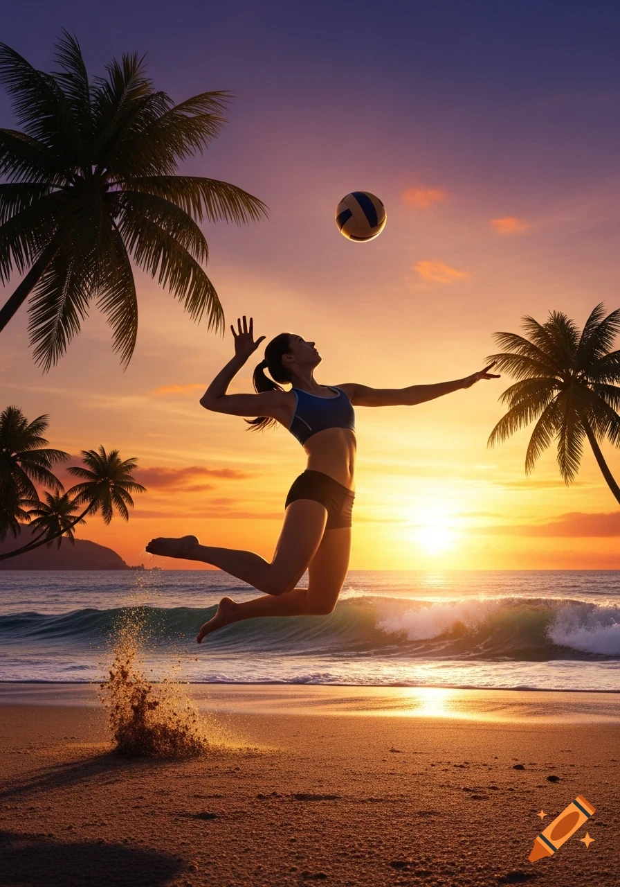 Woman in a sports bra and shorts jumping on a beach to hit a volleyball against a vibrant sunset with palm trees.