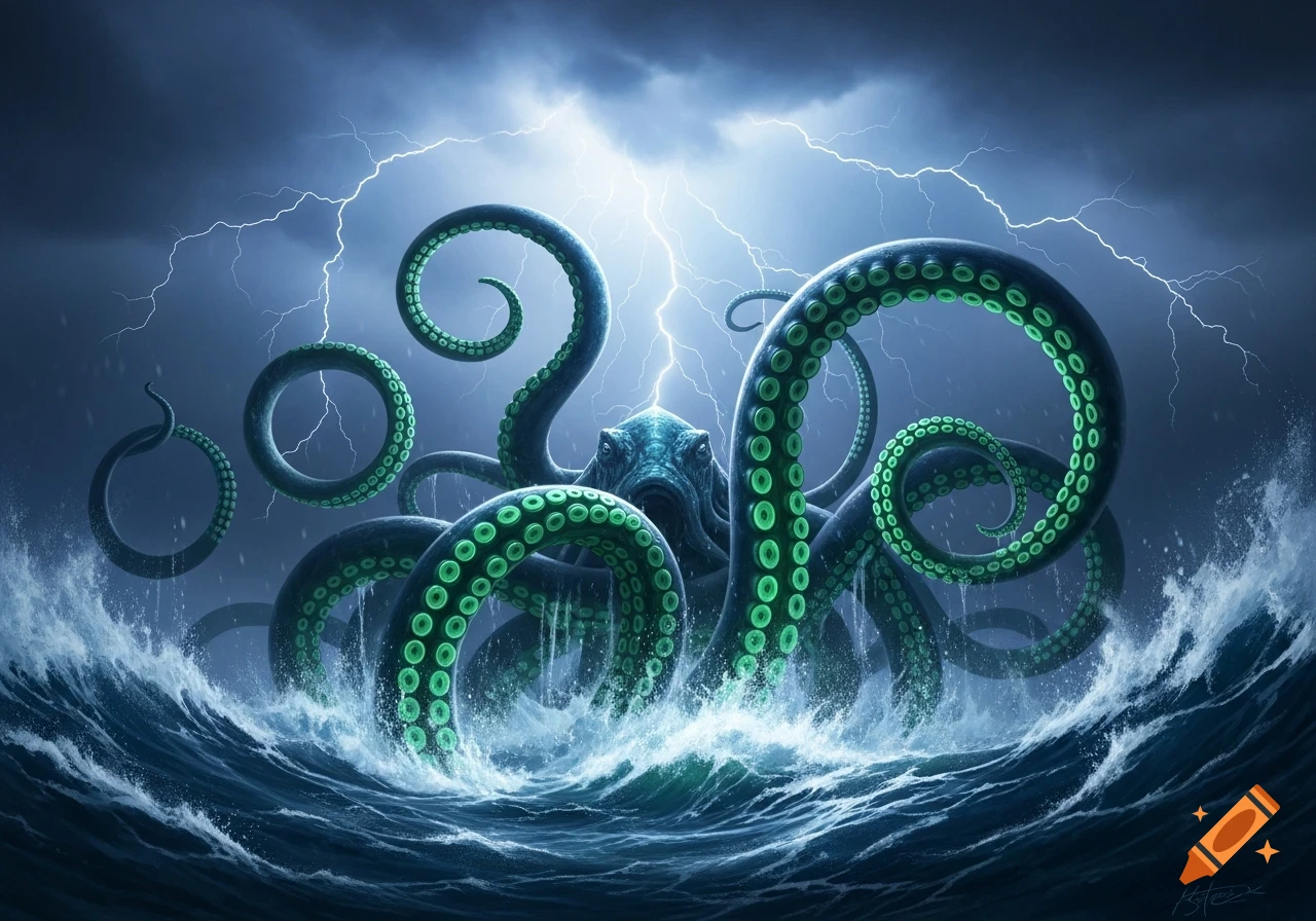 A colossal blue-green Kraken with glowing green suckers emerges from a stormy, dark blue ocean under a lightning-filled sky.