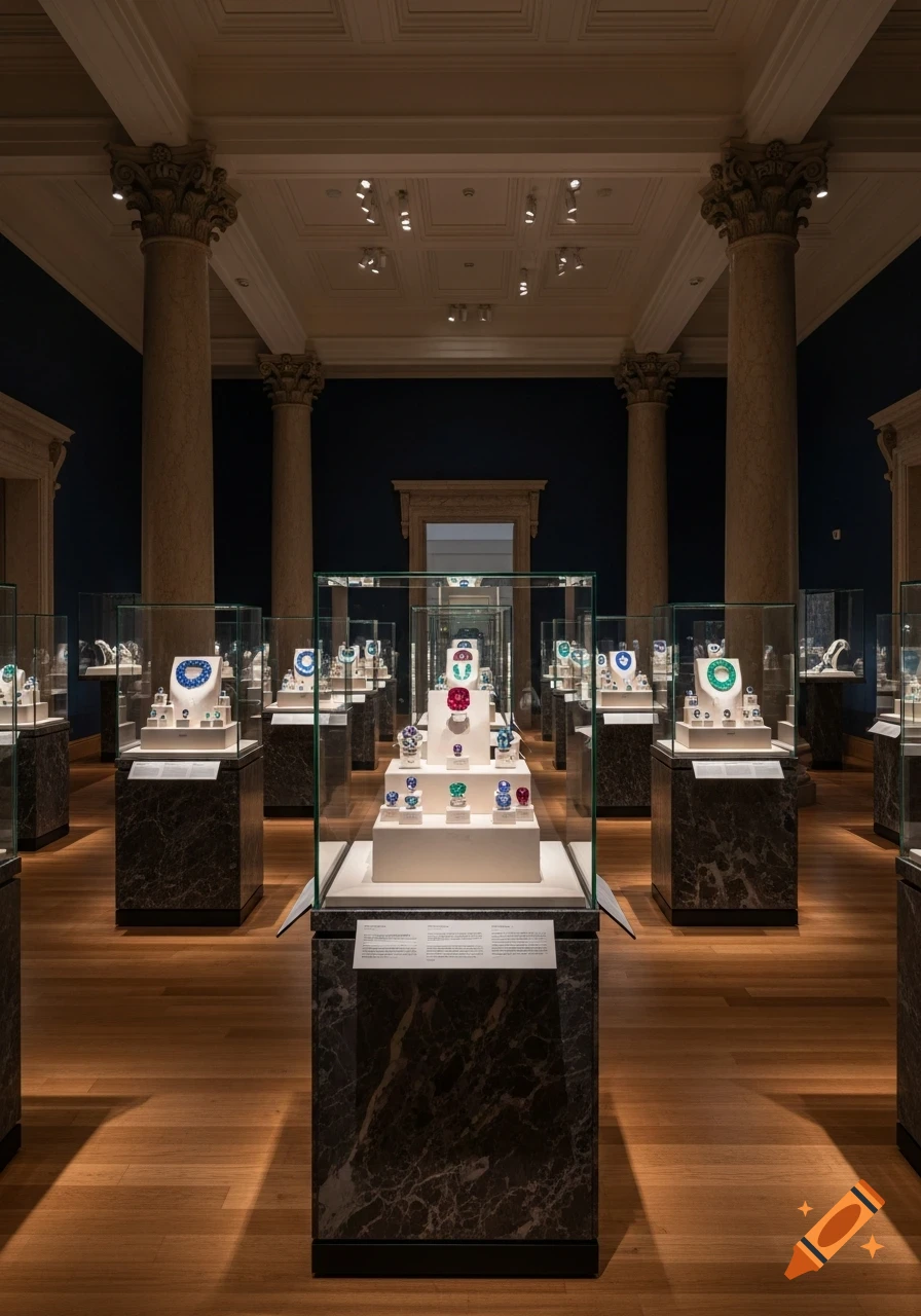 A dramatic museum interior features glass display cases filled with colorful, sparkling jewels, set on marble pedestals.