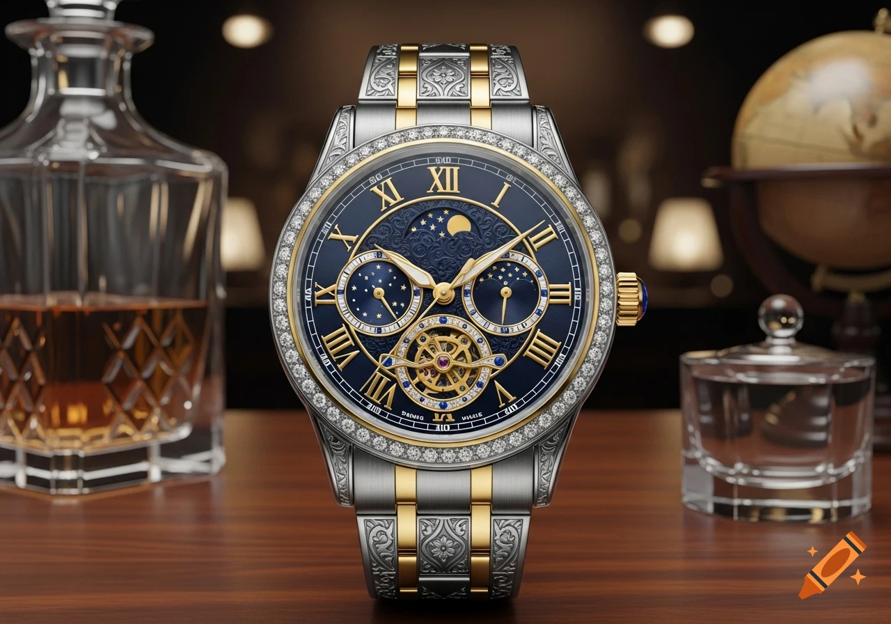 A close-up of a luxurious silver and gold wristwatch with a dark blue face, Roman numerals, and diamond accents, sitting on a wooden table next to a decanter.