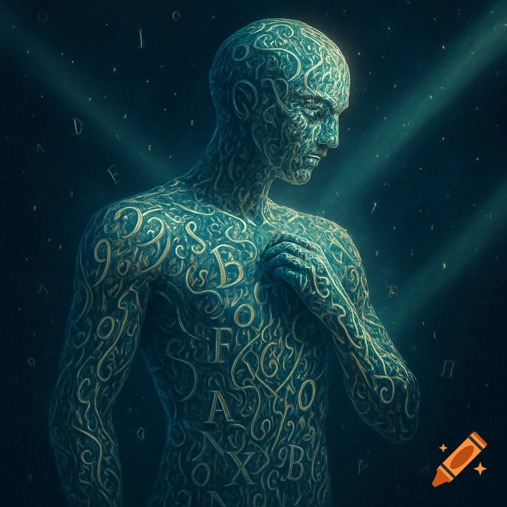 A stylized human figure composed of intricate golden letters and patterns against a dark, starry background.