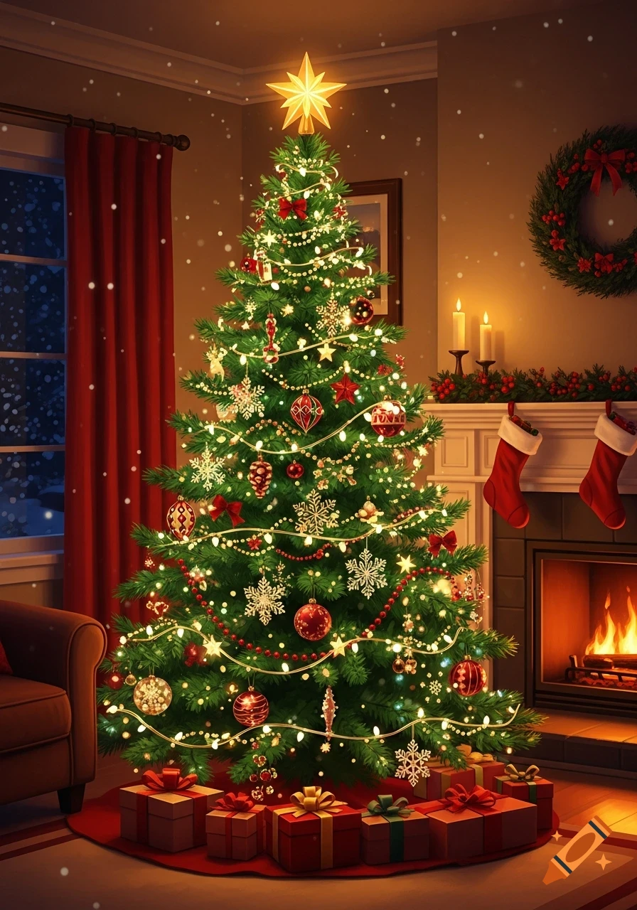 A beautifully decorated Christmas tree with lights and ornaments stands ...