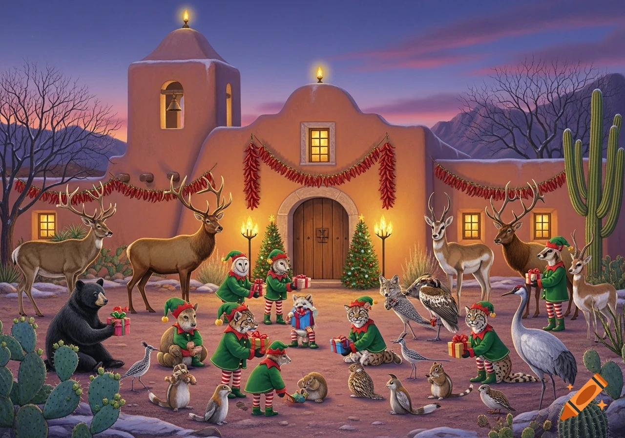 Animals dressed as Christmas elves exchange gifts outside a festive adobe mission in a New Mexico desert landscape with cacti.