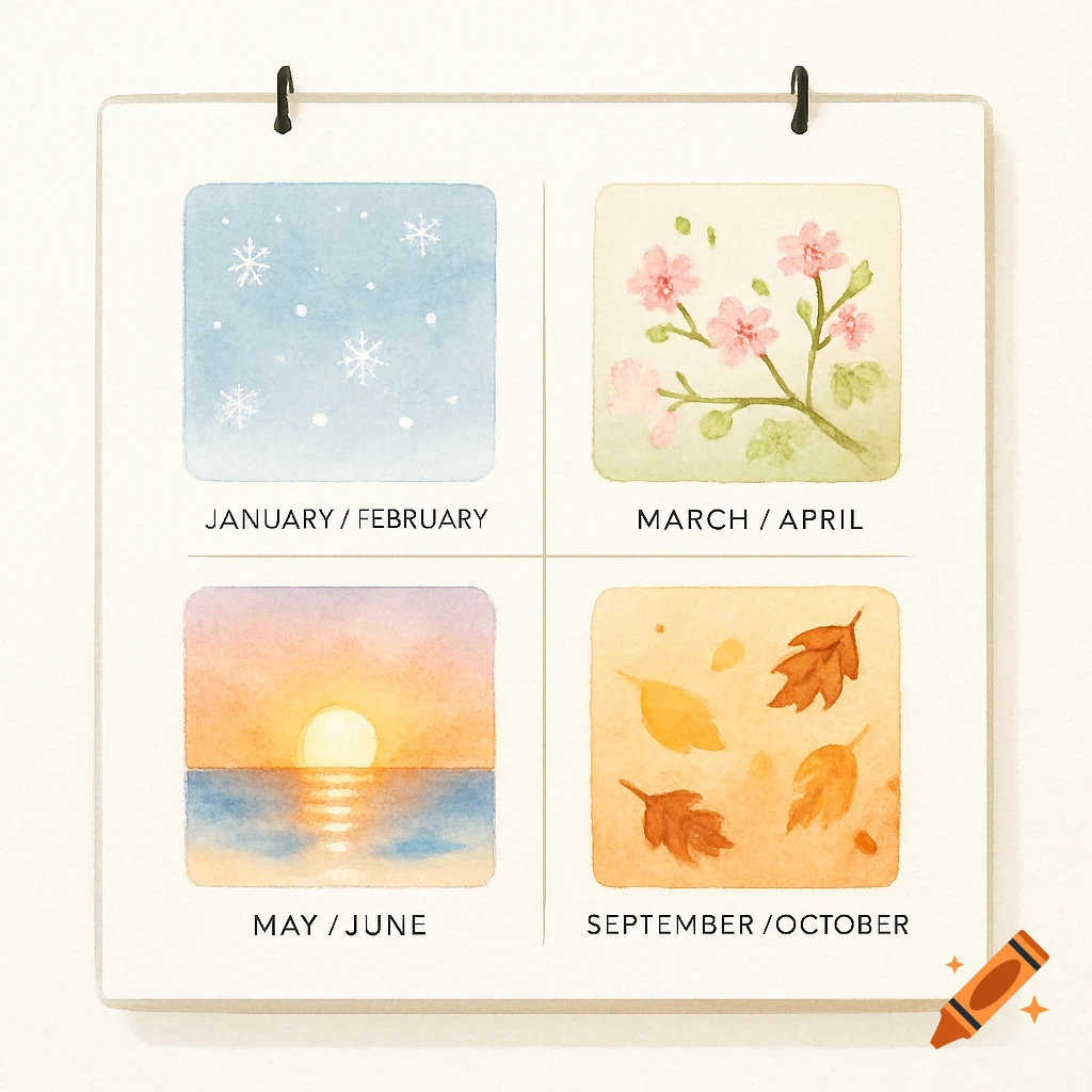 A desk calendar with four watercolor illustrations: winter snowflakes, spring cherry blossoms, summer sunset over the ocean, and autumn leaves, labeled with month pairs.