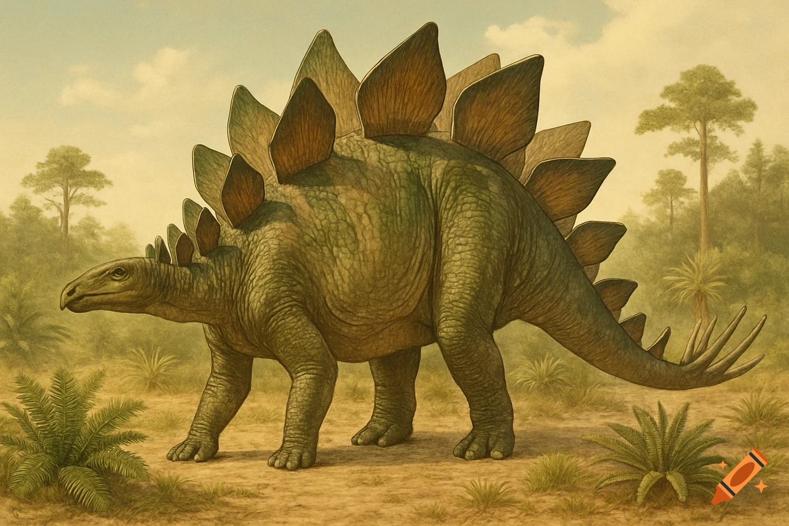 A detailed scientific illustration of a Stegosaurus walking through a prehistoric landscape with ferns and trees under a cloudy sky.