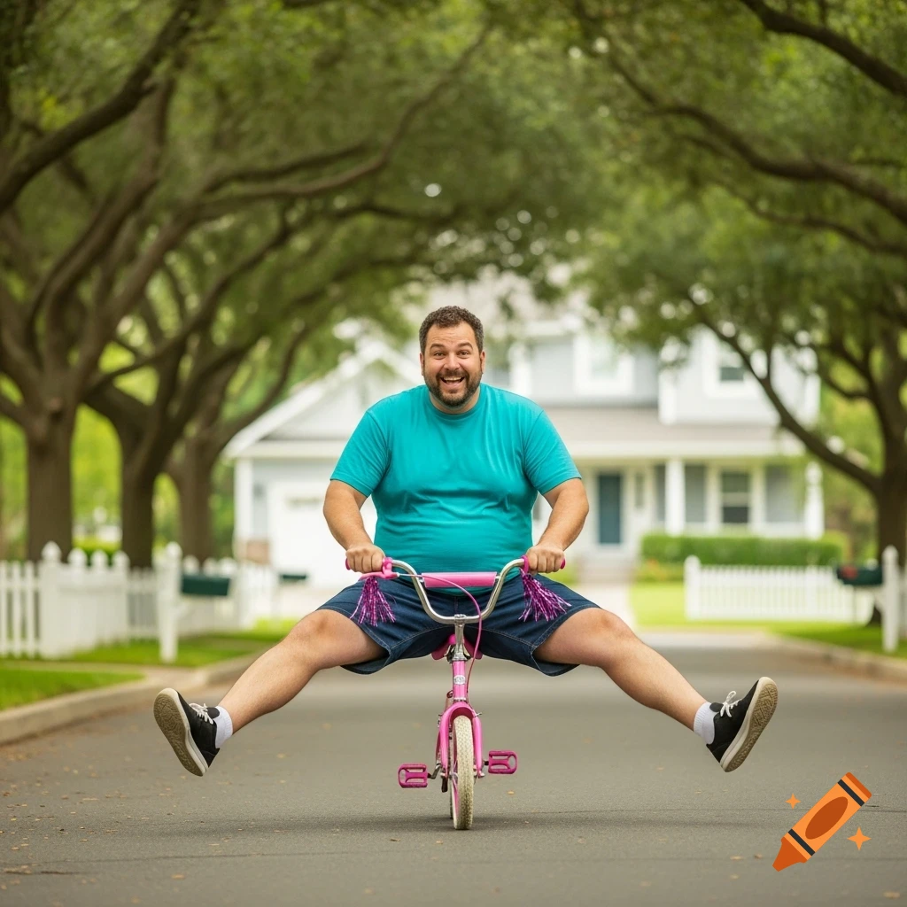 A smiling man with a beard joyfully rides a small pink bicycle down a tree-lined residential street, spreading his legs wide.