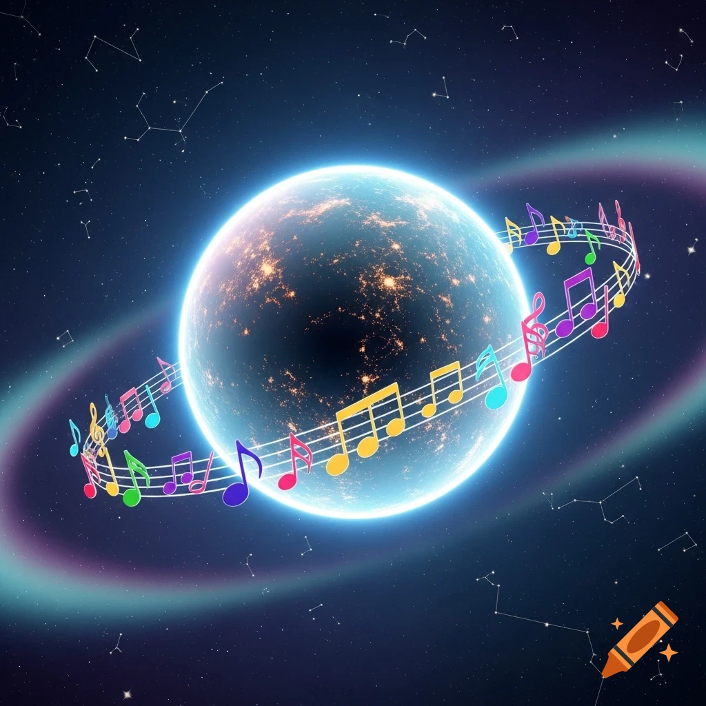 A glowing planet with city lights in deep space, surrounded by a swirling ring of colorful musical notes and a faint nebula.