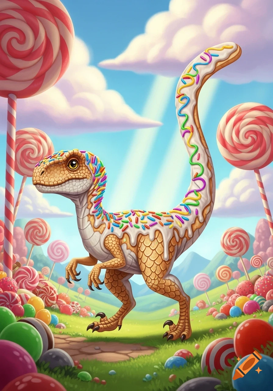 A cartoon raptor with a shortbread body, white icing, and rainbow sprinkles stands in a vibrant candy land with lollipops.