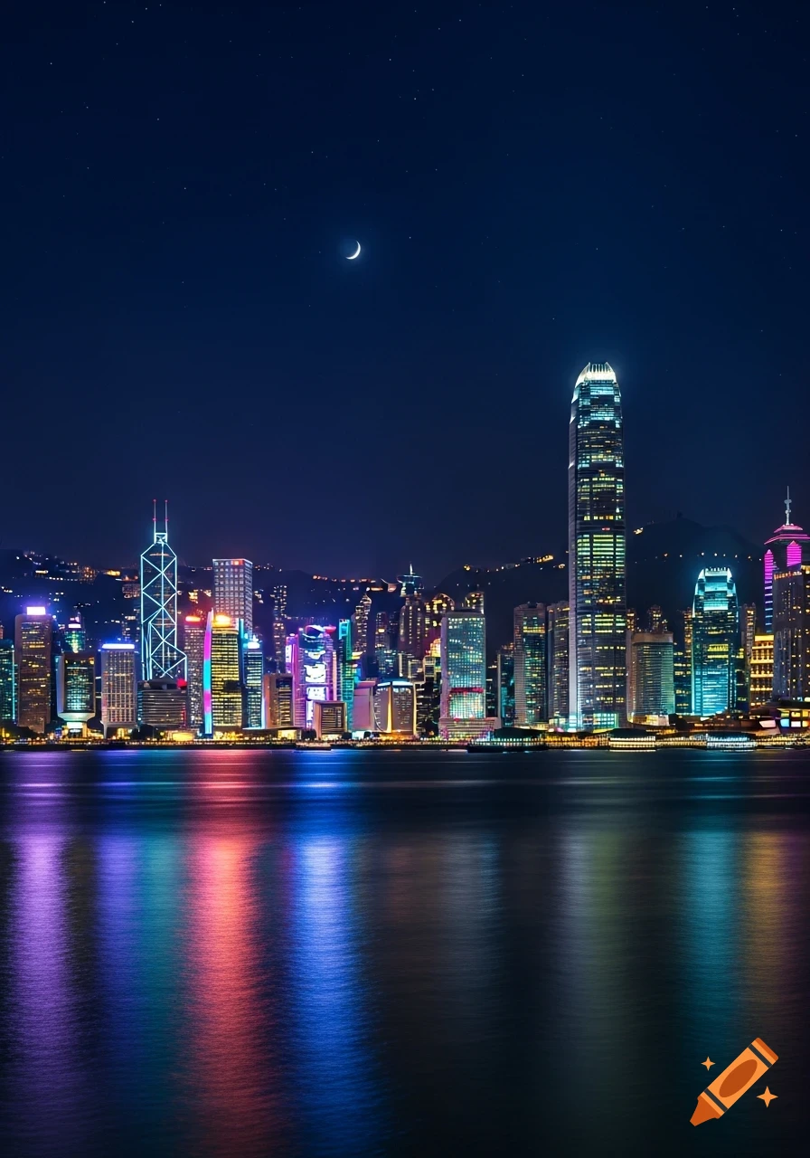 A nighttime view of Hong Kong's Victoria Harbour, showcasing glowing skyscrapers, colorful reflections on the water, and a crescent moon.