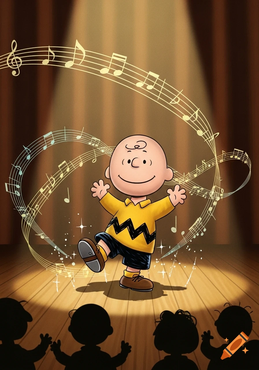 Charlie Brown smiling and tap dancing on a wooden stage with musical notes and sparkles around him, watched by silhouetted figures.