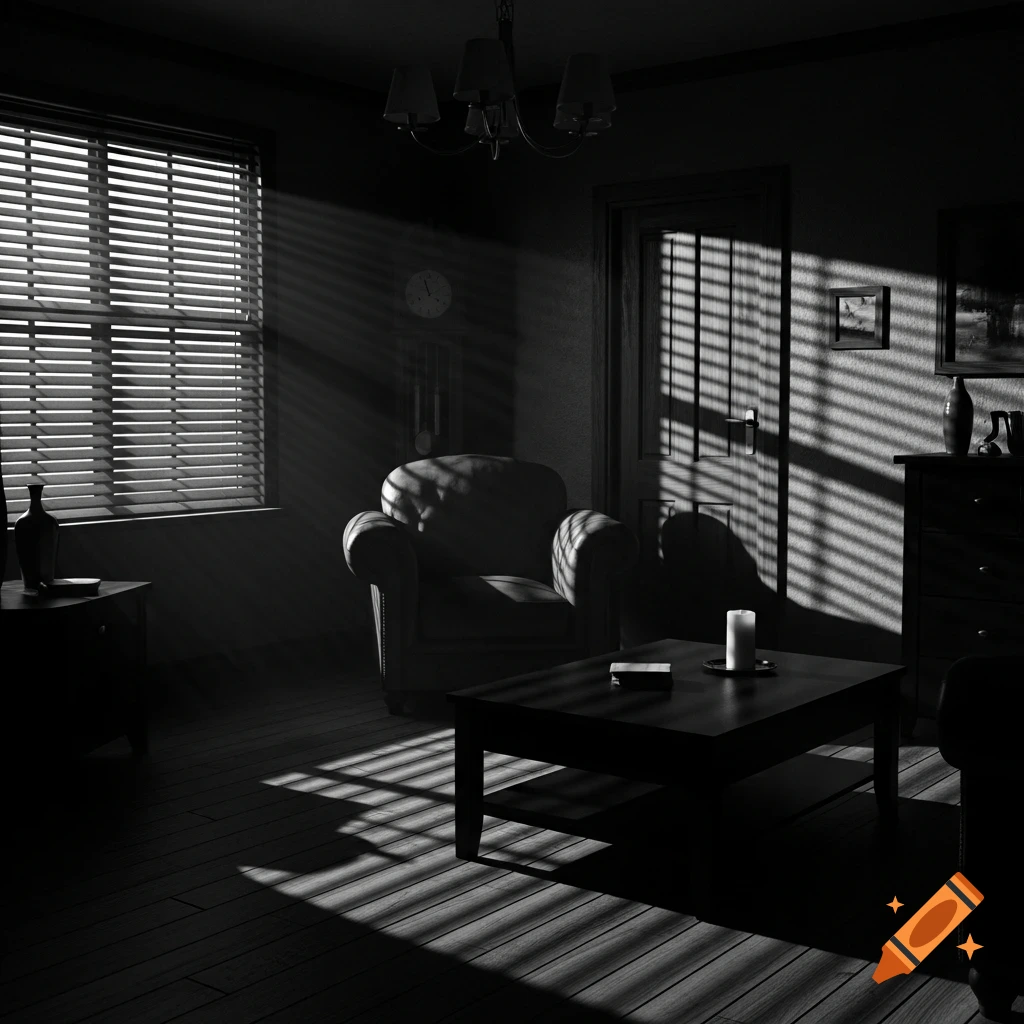 A dimly lit black and white room with Venetian blinds casting dramatic shadows across an armchair, floor, and door.