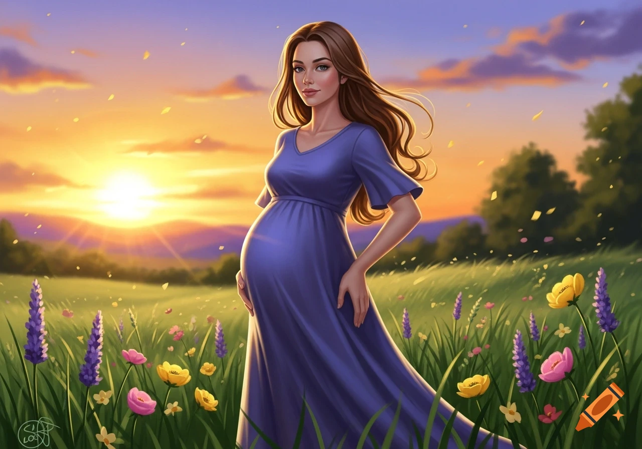 Digital painting of a pregnant woman in a flowing purple dress standing in a field of wildflowers at sunset.