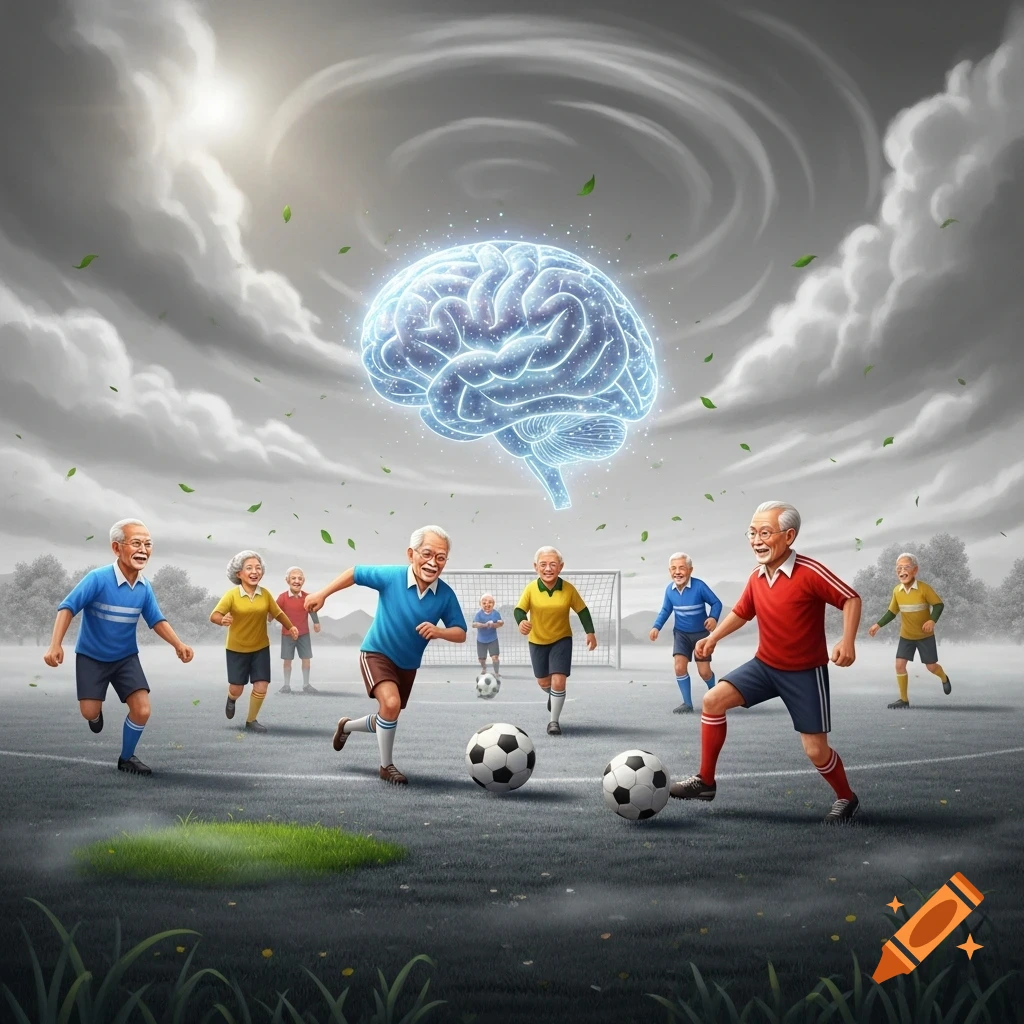 Happy senior citizens play soccer on a field under a grey sky, with a large glowing brain floating above.