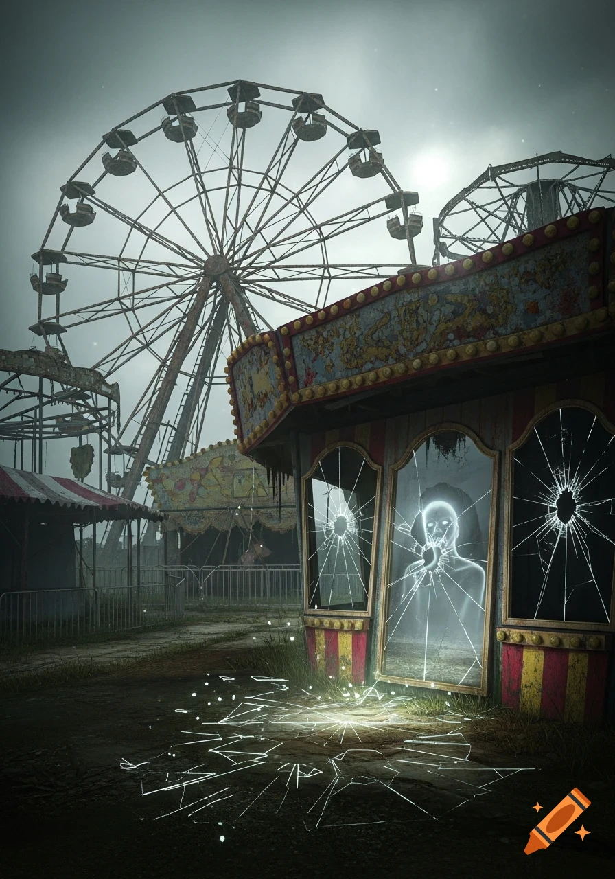 A dark, atmospheric image of an abandoned, post-apocalyptic carnival with a rusted Ferris wheel and a glowing ghost in a broken funhouse mirror.