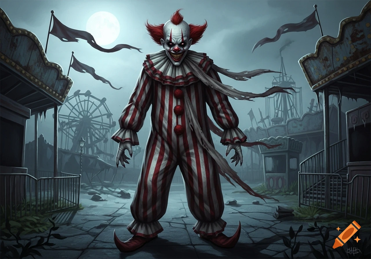A menacing, red-haired clown in a striped suit with sharp teeth stands in a gloomy, abandoned carnival under a full moon.