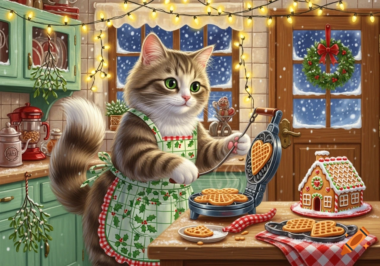 Fluffy tabby cat wearing a Christmas apron making heart waffles in a festive kitchen with snow outside.