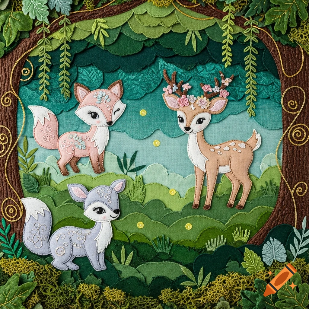 Textile applique art of a pink fox, a deer with flower antlers, and a grey fox in an enchanted forest.