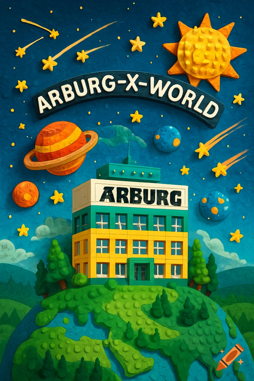 Claymation-style illustration of a building on a globe surrounded by planets, stars, and comets. A banner reads 'ARBURG-X-WORLD'.