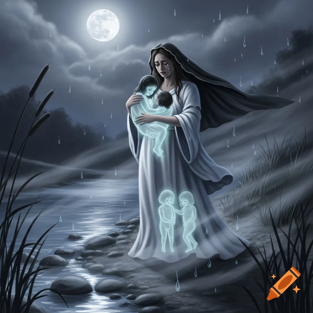 Crying woman in a white dress holding two glowing ghostly children, with two more at her feet, by a moonlit river in the rain.