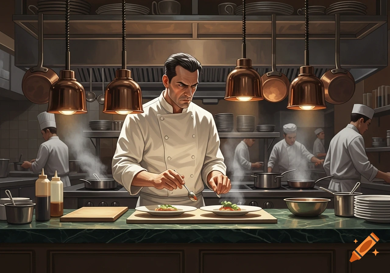 A focused chef plating dishes in a bustling, well-lit commercial kitchen with other chefs in the background.