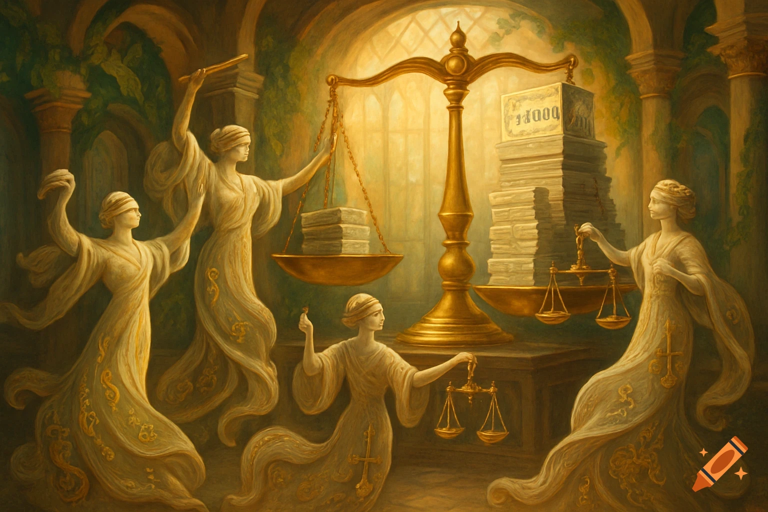 Painterly image of blindfolded female figures in robes around a large golden scale balancing stacks of papers.