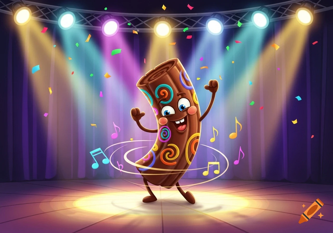 A vibrant illustration of a happy, dancing cartoon chocolate roll character on a stage under spotlights, surrounded by musical notes and confetti.