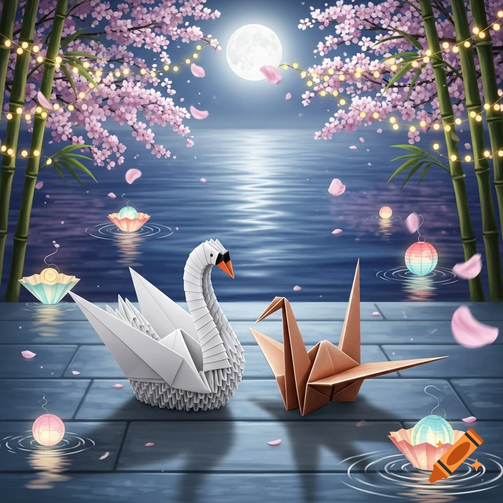 Origami swan and crane on a dock at night, under a full moon with cherry blossoms, bamboo, and floating lanterns on water.