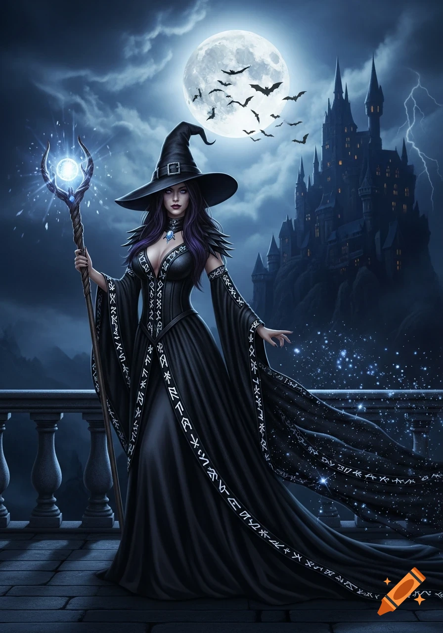 A witch in a black dress with a glowing staff stands on a balcony against a full moon, bats, and a gothic castle in dark fantasy art.