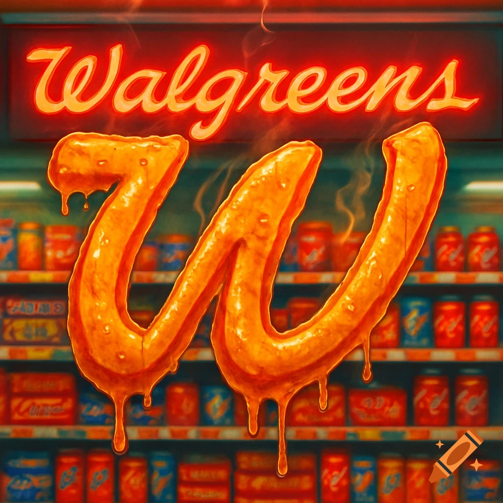 A glowing red neon "Walgreens" sign above a large, dripping, cheesy letter "W" in a store aisle with blurred shelves of products.