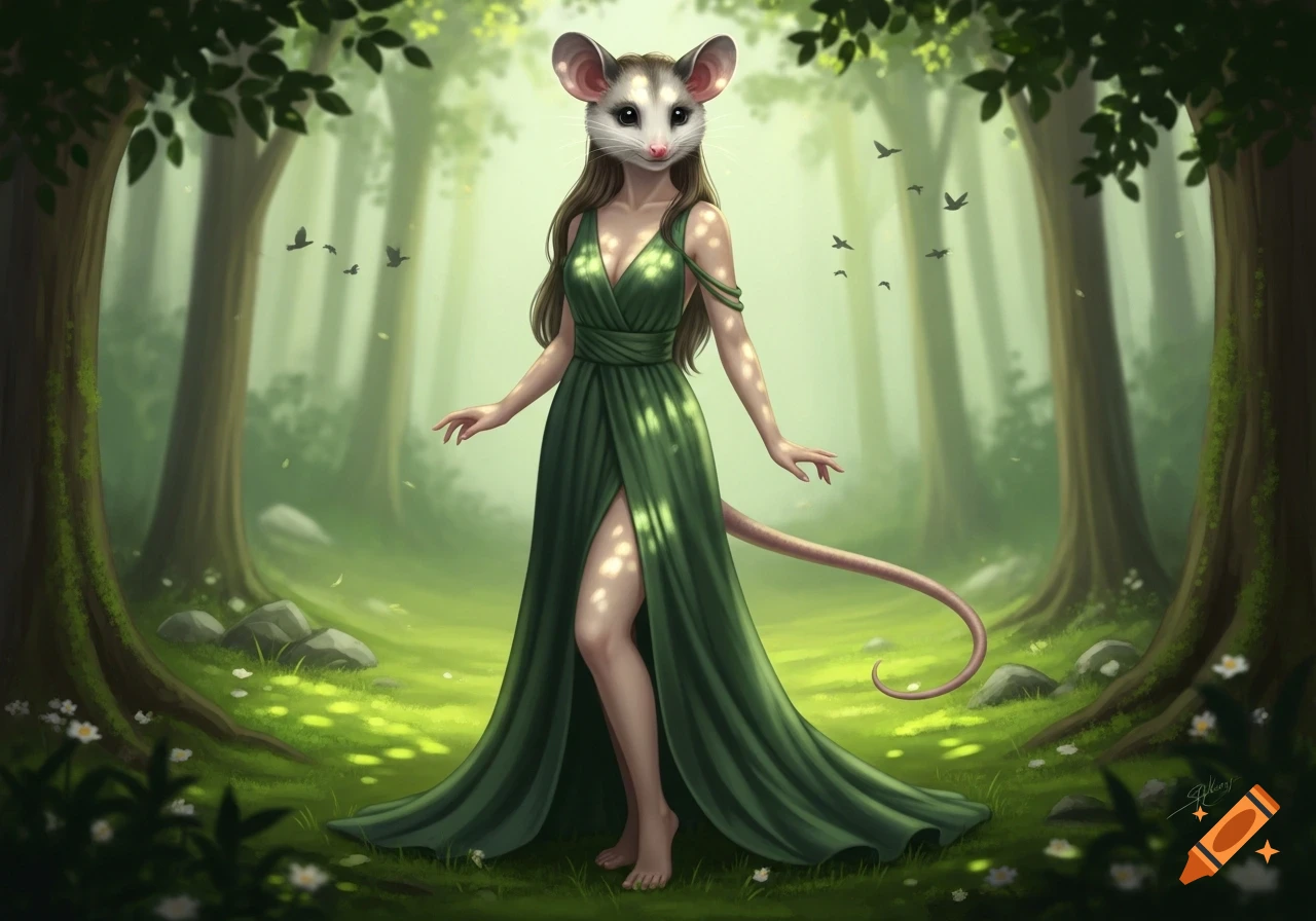 A female figure with an opossum head and tail, wearing a green dress, stands in a sun-dappled forest.
