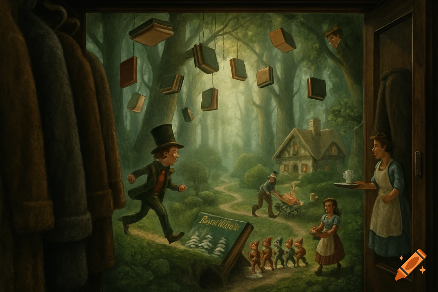 A man in a top hat runs through a magical forest with floating books, seen through an open wardrobe door. Dwarves and other characters are also present in the painterly scene.