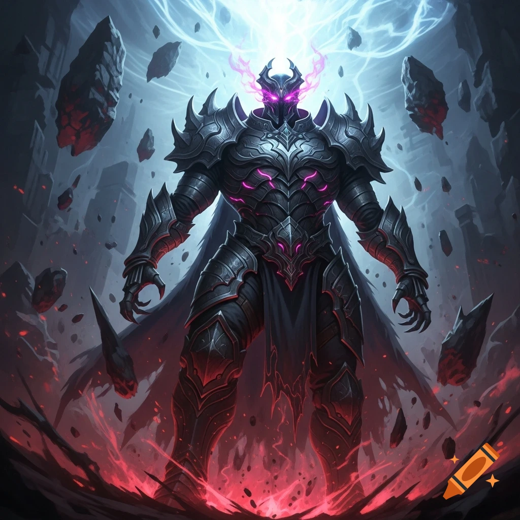 An imposing dark armored figure with glowing purple eyes stands amidst floating rocks and red energy, lightning crackles above.