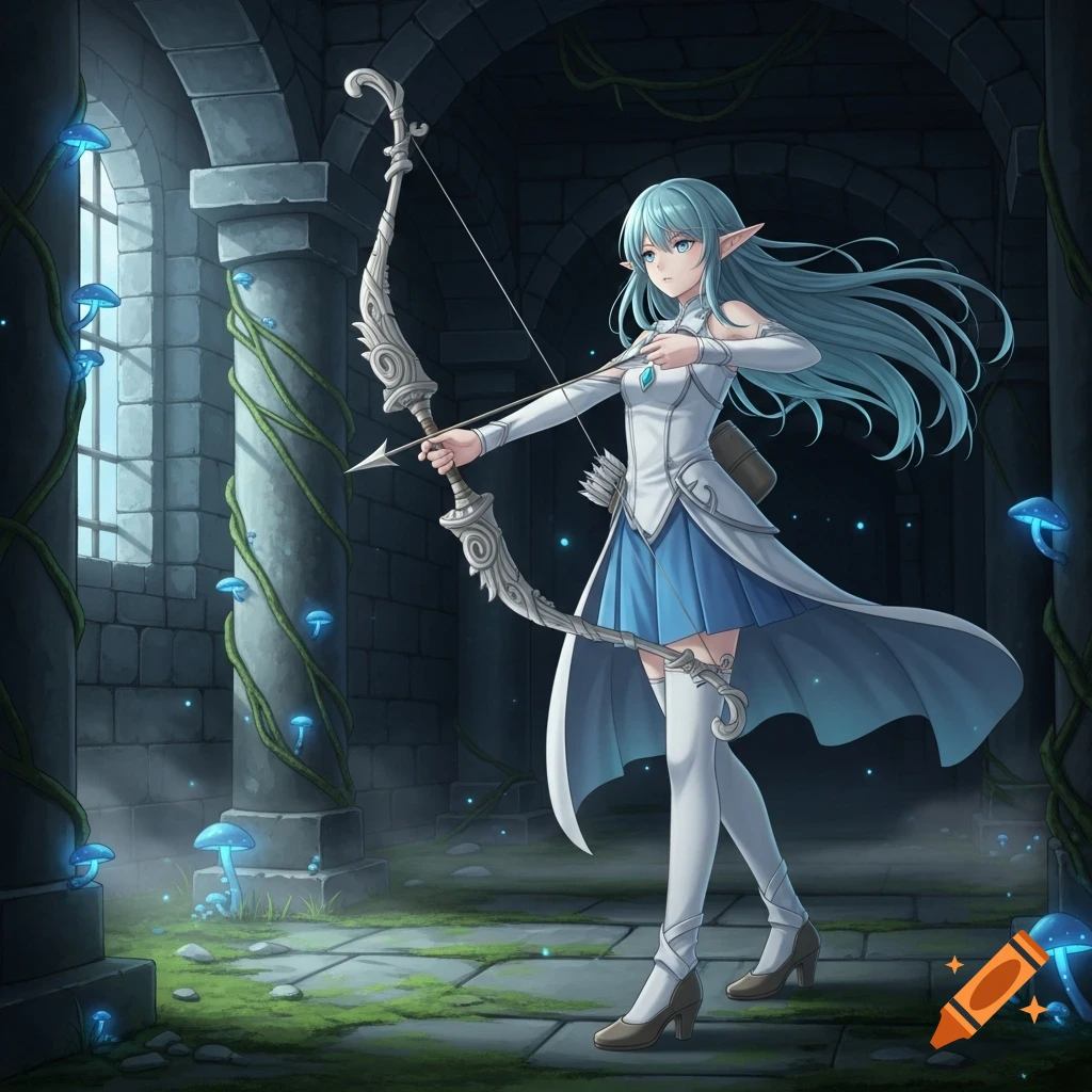 Anime-style elf girl with blue hair holding a bow in a dimly lit dungeon with glowing mushrooms.