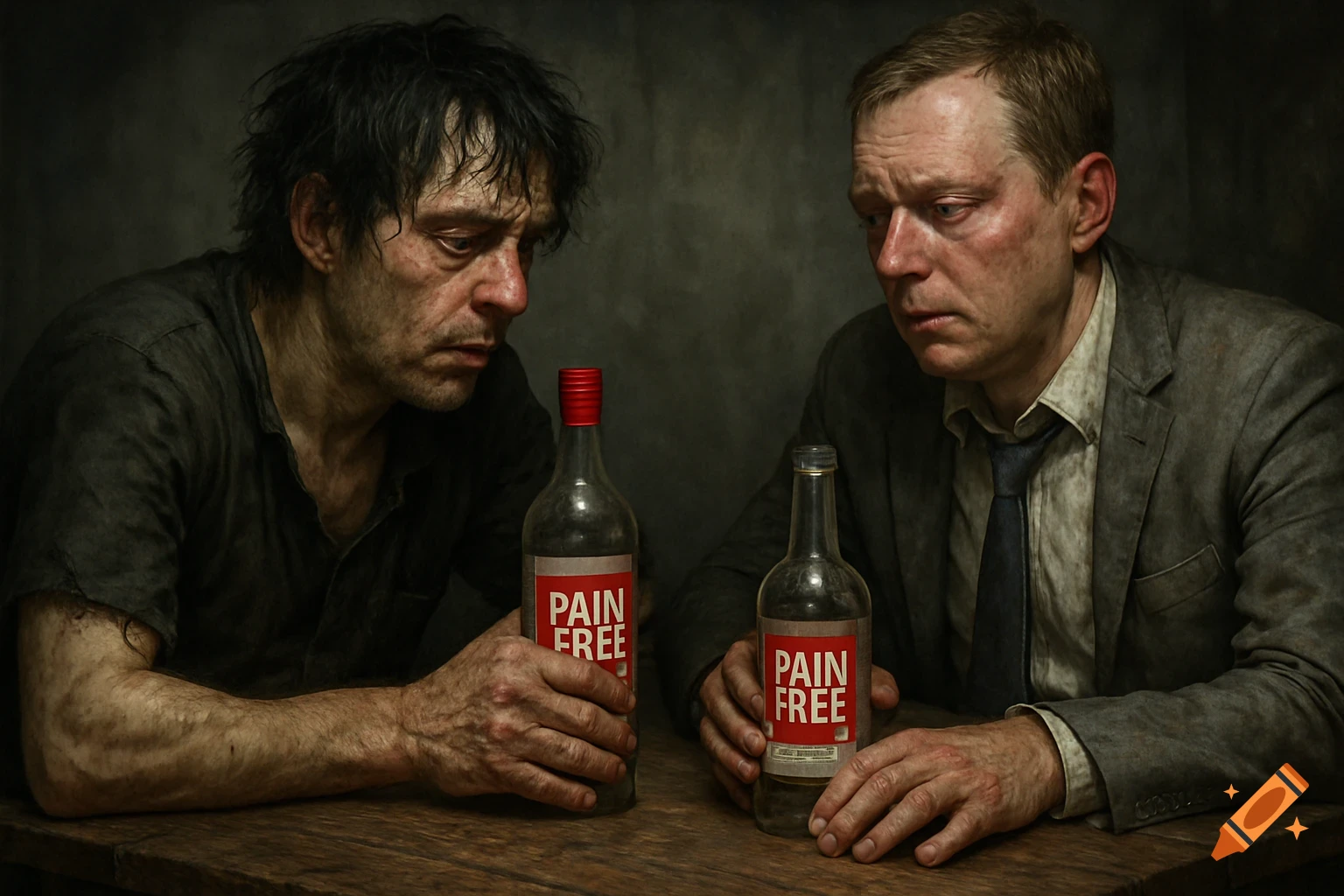 Hyperrealistic portrait of two disheveled men, one in rags and one in a dirty suit, sitting at a wooden table, each holding a bottle labeled 'PAIN FREE'. They look down with expressions of despair.