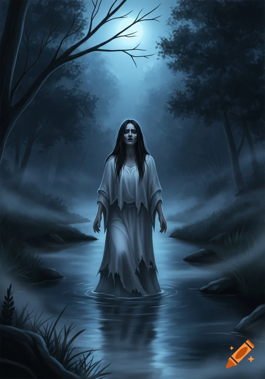 An ethereal ghostly woman with long dark hair and a tattered white dress stands in a moonlit stream within a dark, misty forest.