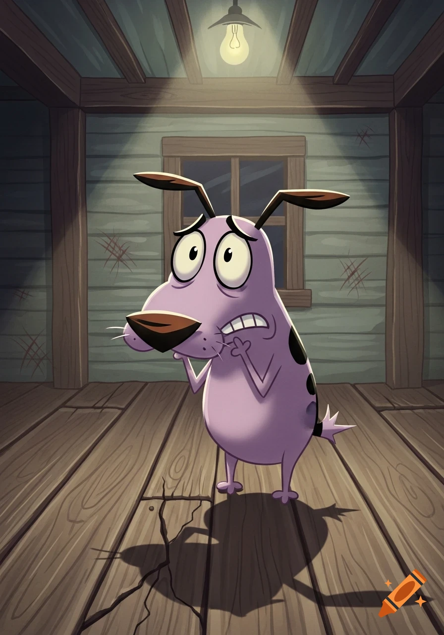 Courage the Cowardly Dog looking scared, standing on a wooden floor with cracks, under a single light bulb in a dimly lit, rustic room.