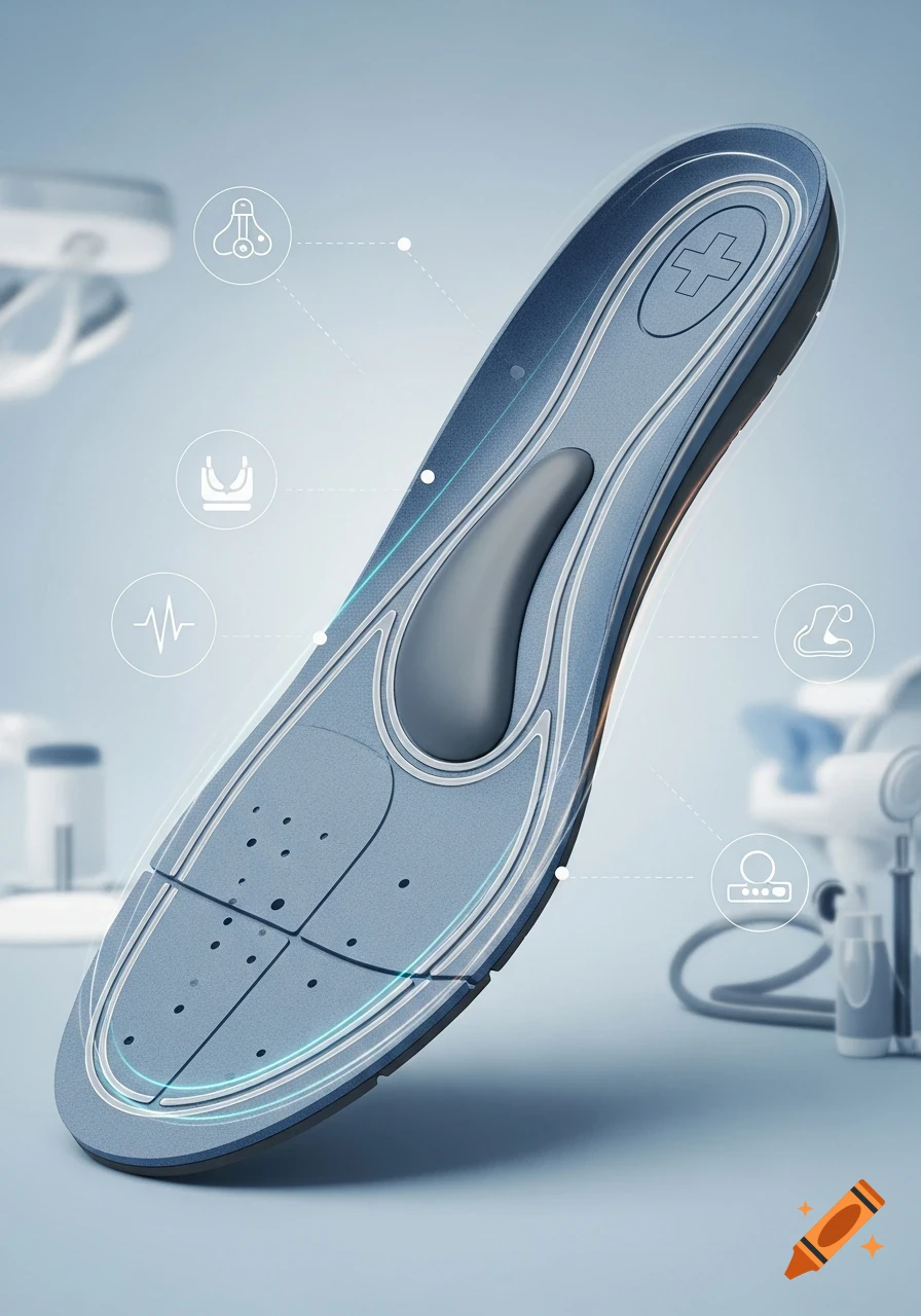 A detailed blue and grey orthopedic insole with medical icons floating around it, in a bright, clean background.