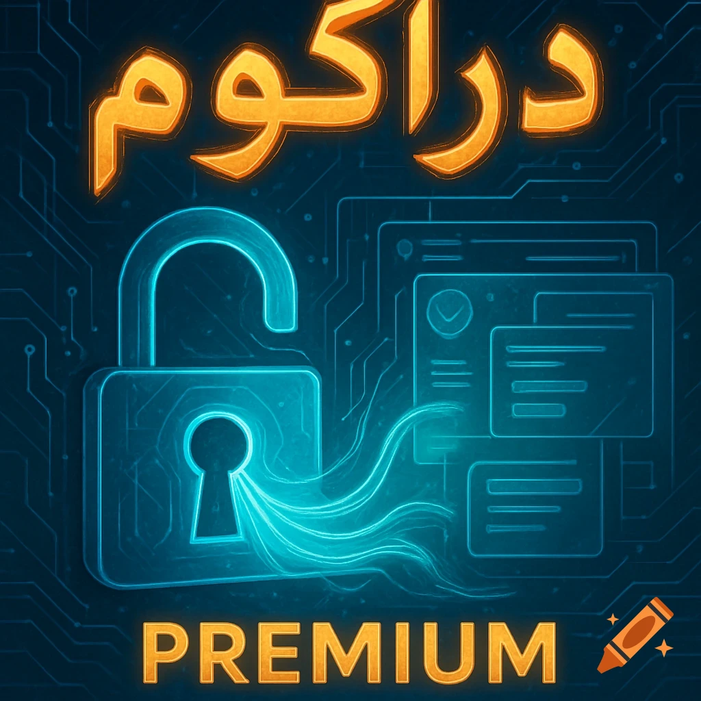 An unlocked glowing blue padlock with circuit board lines in the background, featuring "." (Dragom) at the top and "PREMIUM" at the bottom.
