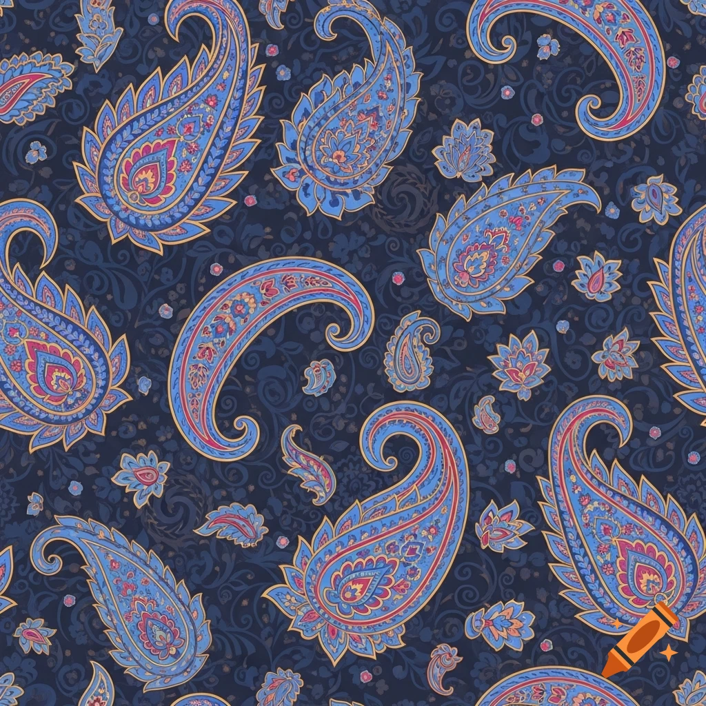 A seamless blue and red paisley pattern with gold accents on a dark blue background.