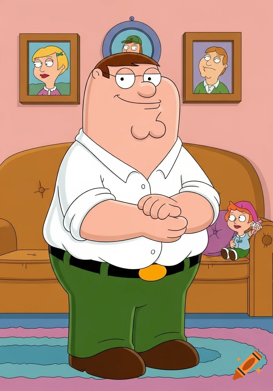 Peter Griffin from Family Guy stands in a living room with family portraits on the wall.