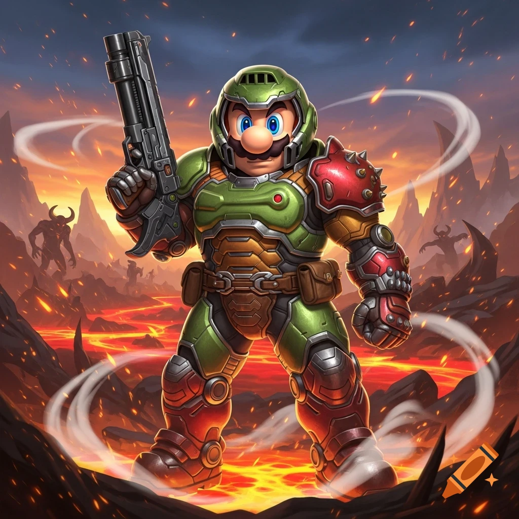 Stylized illustration of Super Mario dressed as the Doom Slayer, holding a shotgun in a hellish landscape with lava and demons.