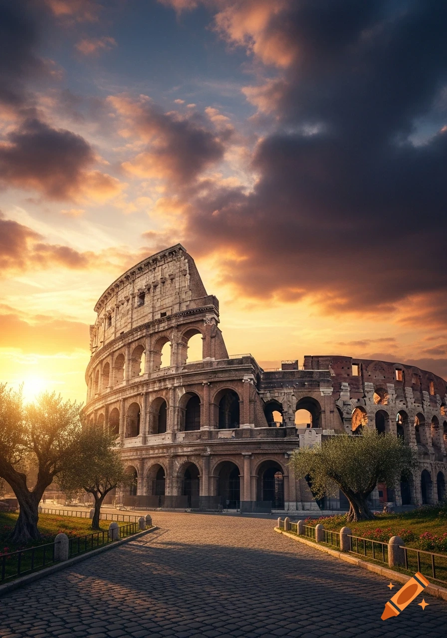 The Colosseum in Rome at sunset, with a vibrant orange sky and dark clouds over the ancient stone structure and a cobblestone path.
