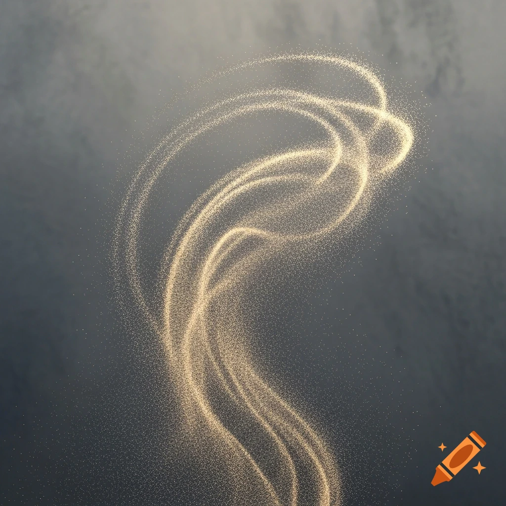 Golden, glittering dust particles swirl gracefully against a dark grey, misty background, creating elegant trails.